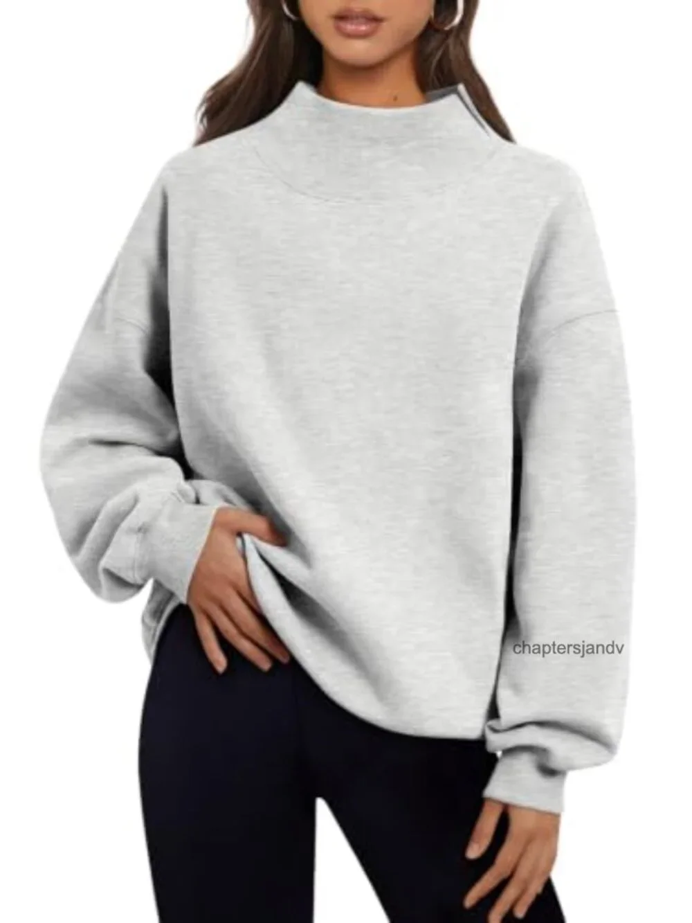 Cozy Fleece Lined Mock Neck Oversized Pullover Sweatshirt Women
